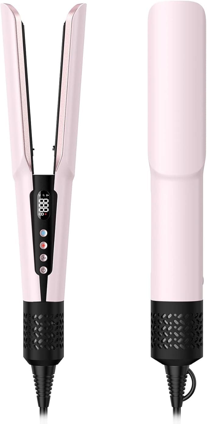 slopehill Hair Straightener - 2 in 1 Wet to Dry Air Hair Straightener and Hair Dryer Combo with High Speed Airflow, 200M Negative Ions & Ceramic Plates for Less Frizz, Rapid Heat-Up Flat Iron, 15 Modes Multi Hair Stylers(Pink)