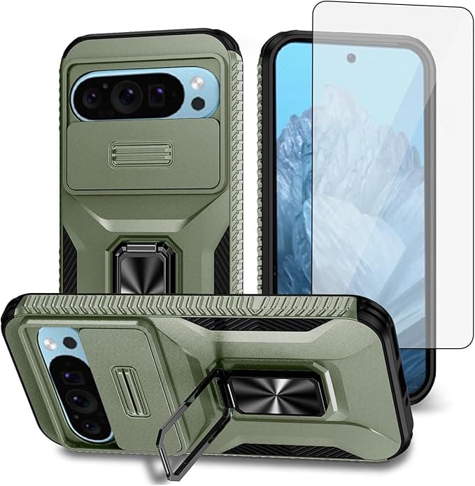 Asuwish Phone Case for Google Pixel 9/9 Pro/10/10 Pro 5G with Slide Camera Cover Screen Protector Ring Holder Stand Rugged Slim Cell Protective Pixel9 9Pro/Pixel10 10Pro Nine Ten Women Men Green