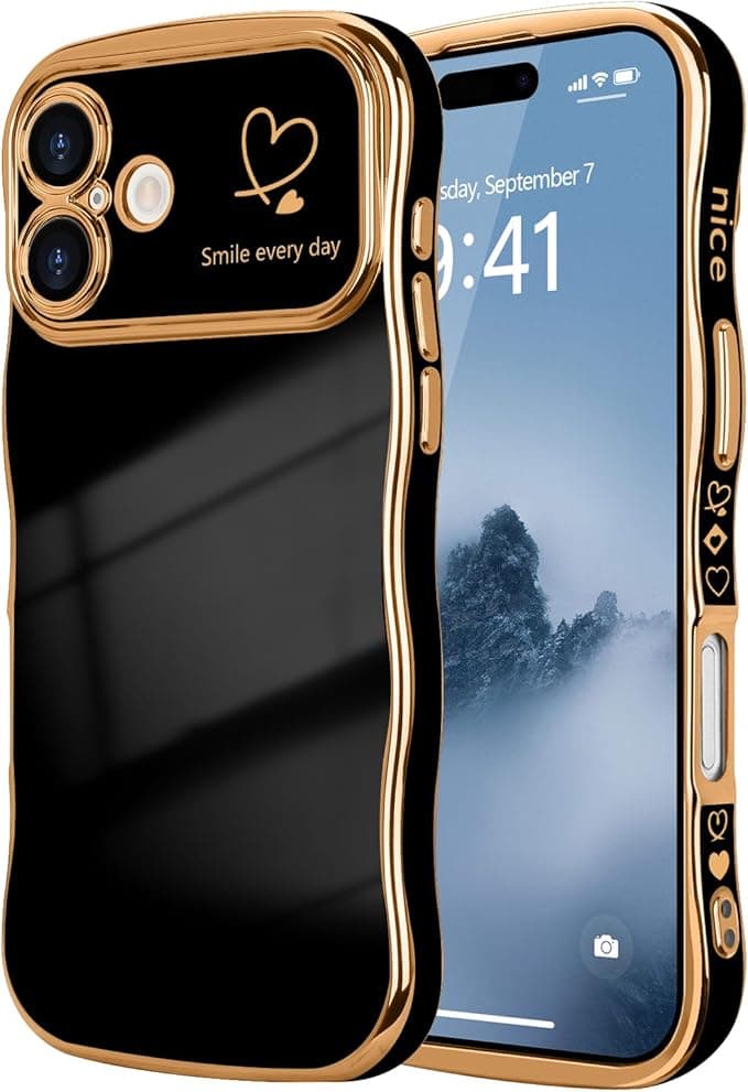 LCHULLE for iPhone 16 Case for Women Girls, Cute Wave Frame Curly Shape with Love Heart Pattern Raised Camera Protection Cover Luxury Plating Shockproof Phone Case for iPhone 16, Black