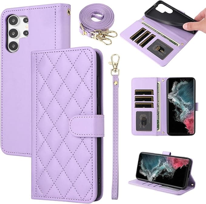 ELISORLI Argyle Wallet Case for Samsung Galaxy S25 Ultra 5G with Wrist Strap Shoulder Strap, Card Slots Folio Purse, Luxury PU Leather Stand Phone Cover for S25Ultra 25S S 25 25Ultra Women Men Purple