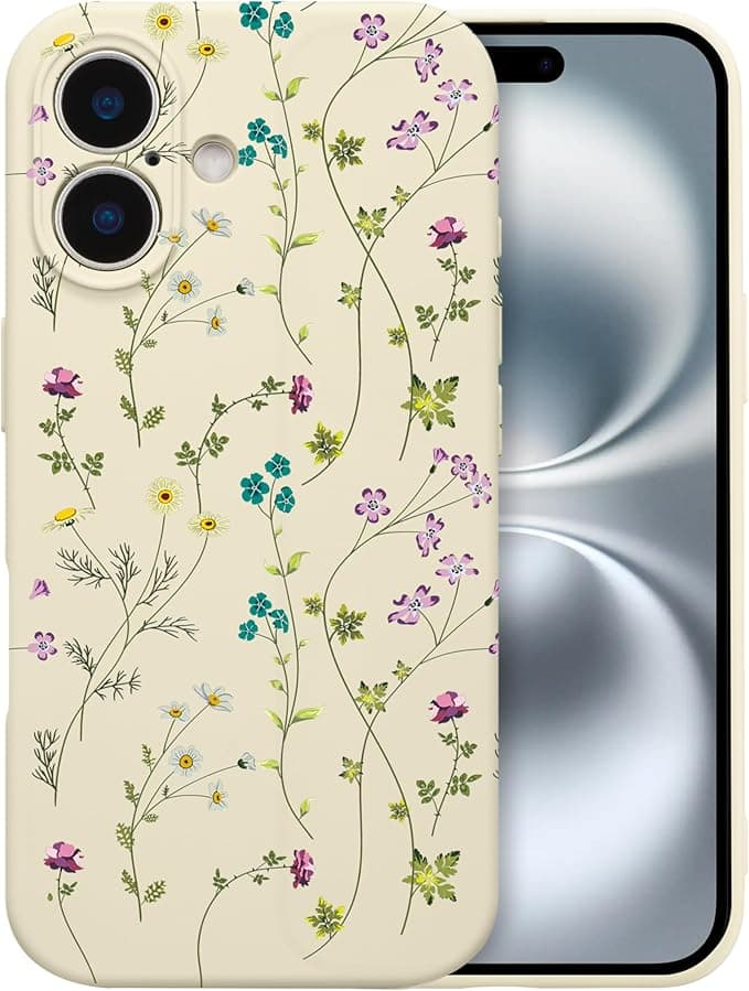 RALEAVO Floral Case for iPhone 16,Liquid Silicone Case with Flower Branch Pattern Cute Cover Case for Girls Women Slim Soft Rubber Protective Phone Case for iPhone 16 (6.1"),Beige