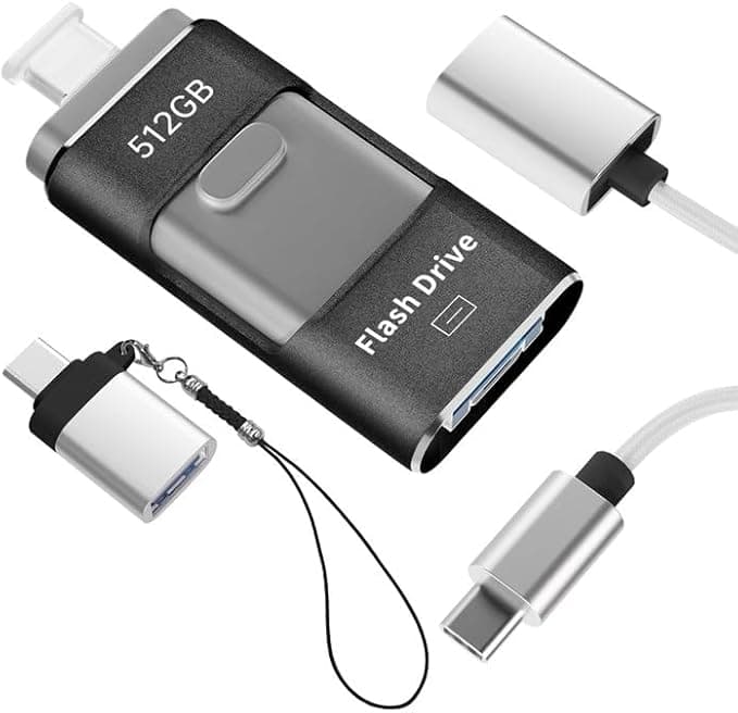 No App Needed 512GB Phone Photo Stick, 4in1 USB Flash Drive,USB 3.0 External Storage Stick with USB-C Cable,Lanyard & USB-C Adapter, Compatible with iOS Android PC (Black)