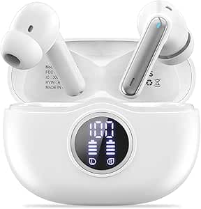 Wireless Earbuds, Bluetooth 5.3 Headphones HiFi Stereo 50H Playback LED Digital Display Ear Buds with ENC Noise Canceling Headset, IPX7 Waterproof Earphones for Gym/Running/Work White