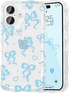 UEEBAI Cute Heart Bow Case for iPhone 16, Wave Ribbon Bows Phone Case Pretty Aesthetic Cover Cute Clear Shell Soft Bownot Phone Cover for Women and Girl - Sky Blue