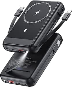 Magnetic Power Bank 12000mAh for Magsafe Portable Charger, 22.5W Fast Charger Wireless Battery Pack with Built in Cables, for iPhone 16/16 Plus/16 Pro/16 Pro Max iPhone 15/14/13/12 Series