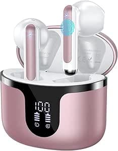Wireless Earbuds, Bluetooth 5.3 Headphones Deep Bass Stereo Sound with ENC Noise Cancellation Wireless Headphones with 50H Playback and LED Display, IPX7 Waterproof Ear Buds Rose Gold
