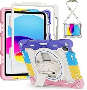 Generic Compatible for iPad Pro 11-inch (M4) 2024 (Couleur : Colorful Pink) Shockproof Front Back Full Hard Back Silicon case with Long Strap