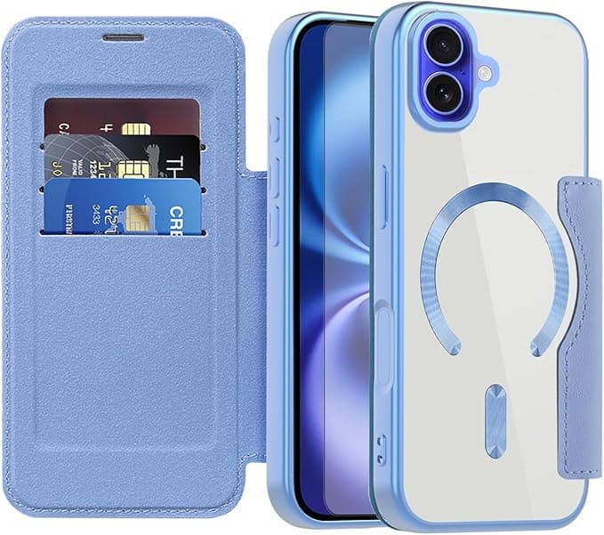 Asuwish Phone Case for iPhone 16 6.1 inch Magnetic Wallet Cover with Tempered Glass Screen Protector Flip Credit Card Holder RFID Blocking Cell Accessories i Phone16 i16 16Case Women Men Sierra Blue