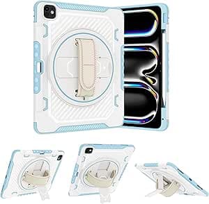 Case for iPad Pro 13 Inch M4(2024 Model, 7th Generation),Shockproof with 360-degree Stable Support,Pen Slot and Shoulder Strap/Stand. (Blue)