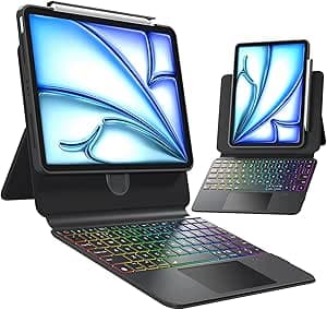 Keyboard Case for 2024 iPad Pro 13-inch (M4), 360° Rotating Transparent Case with Wireless Keyboard, 7-Color Backlight, Multi-Touch Trackpad, with Pen Holder, Black