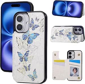 UEEBAI Wallet Case for iPhone 16 Plus with Card Holders, PU Leather Cover Kickstand RFID Blocking Double Magnetic Clasp Rilievo Flower Shockproof Flip Case for Women Girls - Blue Butterfly